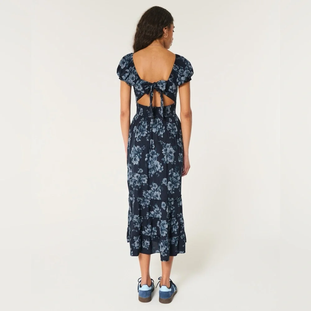 Hollister Saidie Short-Sleeve Tie-Back Midi CottageCore Dress Size Small Petite - Picture 2 of 9